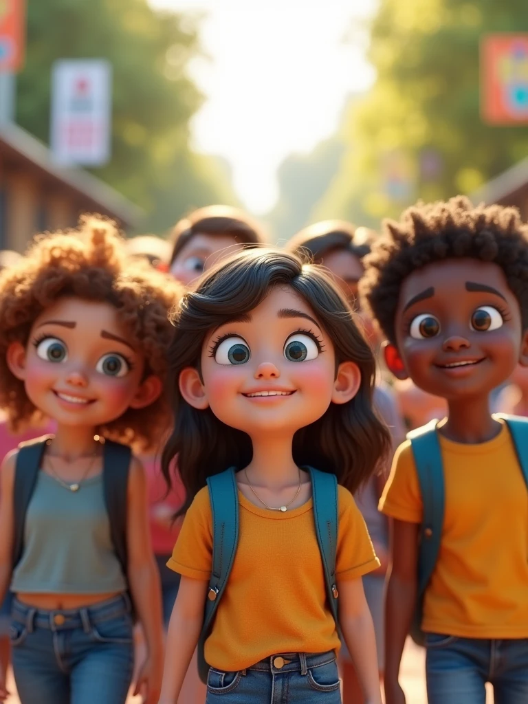 An ultra-realistic 3D image depicting a group of diverse students, aged 10 to 18, in a vibrant, outdoor setting. The students are captured in a candid moment of happiness and connection, with each character showing detailed, lifelike features, including natural skin tones, varied hairstyles, and realistic clothing textures. The scene is set in a sunlit environment, with subtle but visible decorations like banners and posters celebrating Statewide Student Week. The overall composition is designed to emphasize the energy and positivity of the students, rendered in stunning 8K resolution, making it ideal for a high-impact promotional campaign.