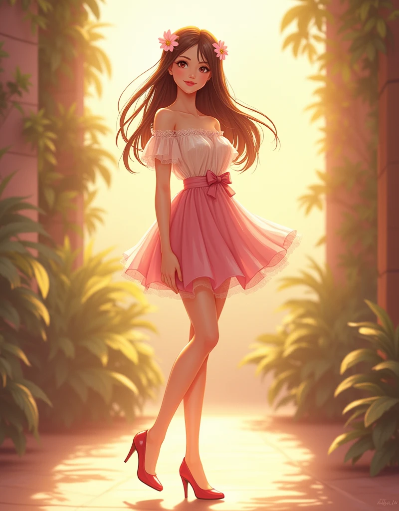 Ultra high quality,Long legs,Smile,Sunlight,Lace off-the-shoulder,Wear flowers on your head,student,charming,Ribbon,Pink skirt,High heel,School Belle,whole body