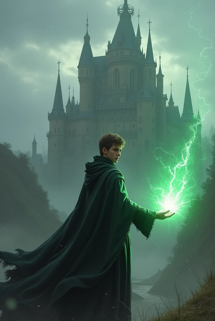A 23-year-old sorcerer, with short hair, Brown color. He wears a black cape and clothes.. It is located in front of a very large castle., old baroque style, which rests on some hills. He is practicing sorcery, firing a green energy beam from his hand. The weather is cold and very cloudy.