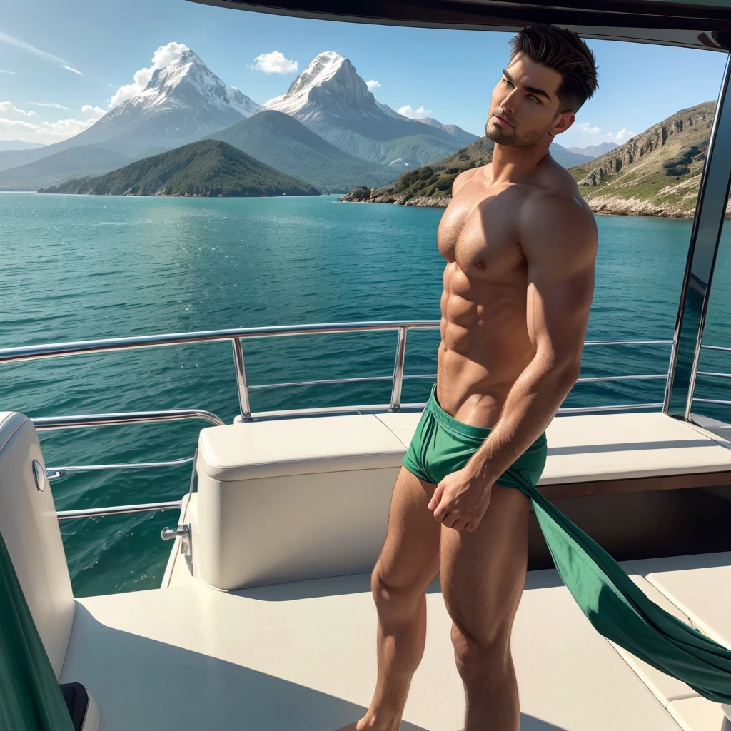 tall muscular man adam lambert with white skin stands alone in full height on the deck of a luxury yacht, short haircut, ( green eyes:1.5 ), ( Dark Brown Hair:1.2 ), light slavic skin, brutal, big pumped up arms, broad shoulders, Wide neck, loose white t-shirt, dynamic pose, ocean and mountain views complex and impressive details, be careful with your hands, no tattoos, 8k, Ultra detailed, impressive photorealism