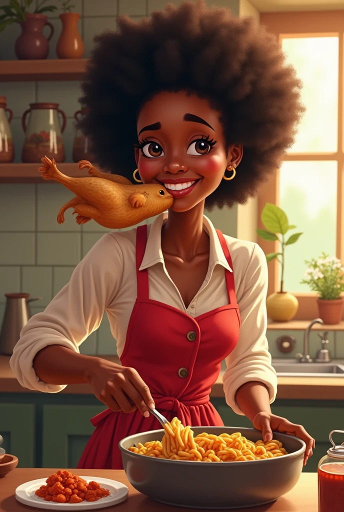 Une femme qui  cuisine, well dressed, dark complexion , smiling , with a chicken in his mouth 