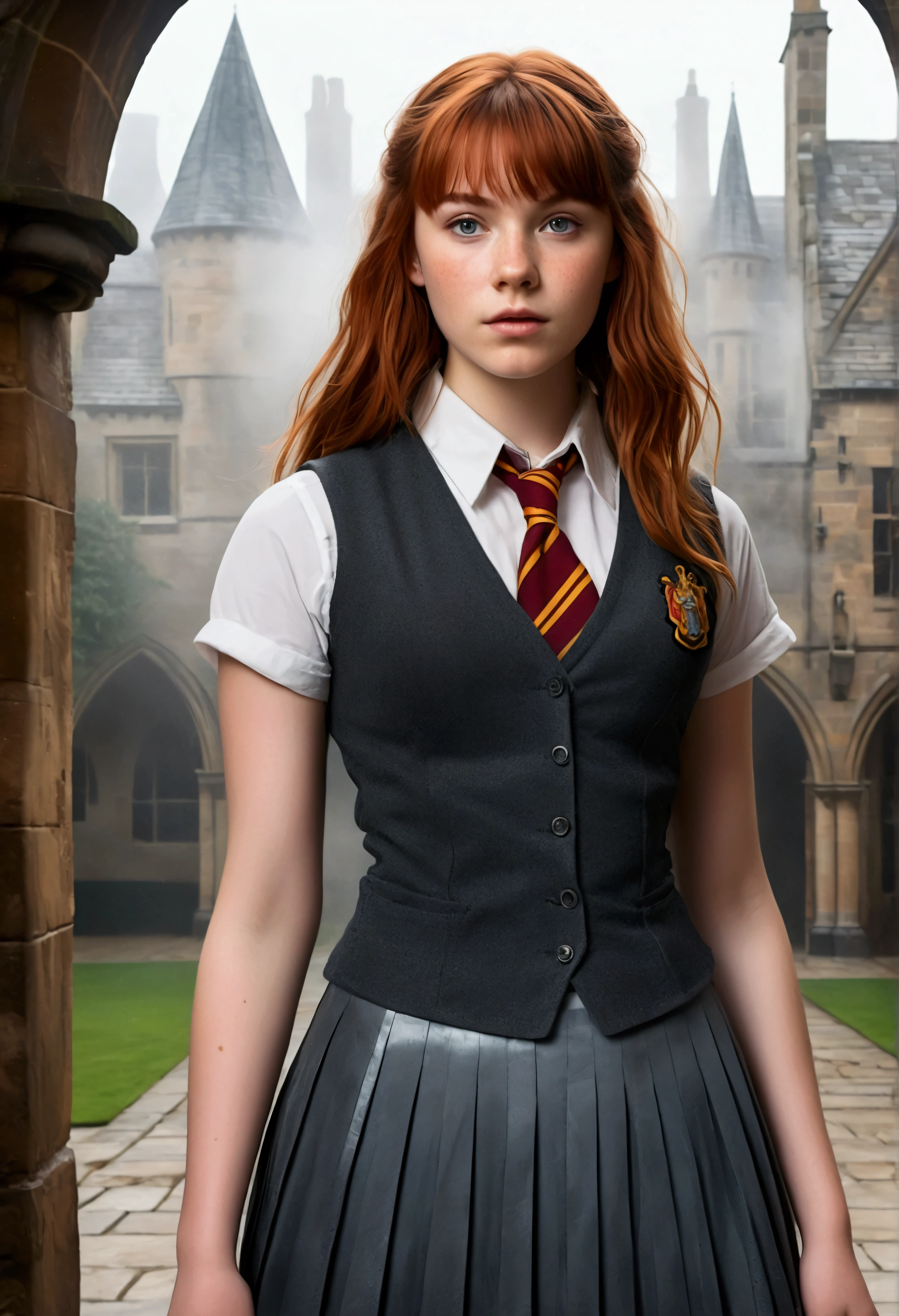 An illustrated movie poster, hand-drawn, full color, a age Hogwarts student, 18-years-old, female, wearing a charcoal vest and a pleated skirt, athletic hourglass figure, busty bosoms, full wide hips, massive round butt, long shapely legs, ridiculously thick powerful thighs, vibrant eyes, red auburn hair, thick shaggy bangs, flushed sun-kissed complexion, freckles, resembles Freya Allen, standing in a foggy Hogwarts courtyard, surrounded by mist, graphite shading, stencil marks, airbrushed acrylic paint, masterpiece