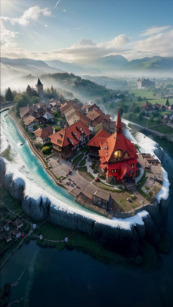 the hobbit, tolkien, a medieval village in switzerland, ornate, beautiful, atmosphere, vibe, flowers, concept art illustration, greg rutowski, volumetric lighting, sunbeams, particles,greeny color
