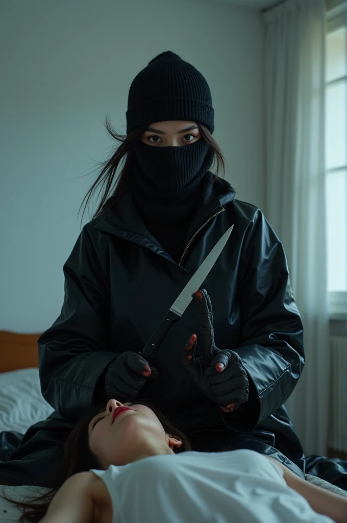 korean girl, (behind stiff, holding knife), stabbing, black balaclava mask, black gloves, white room, black raincoat, black wet suit, trucker hat, bloody knife, black gloves, woman on top, behind cadaver, blood splatter, on the bed, girl only, looking at viewer, mass murderer, killer, blood splatter, atmospheric realistic, light from the window,
