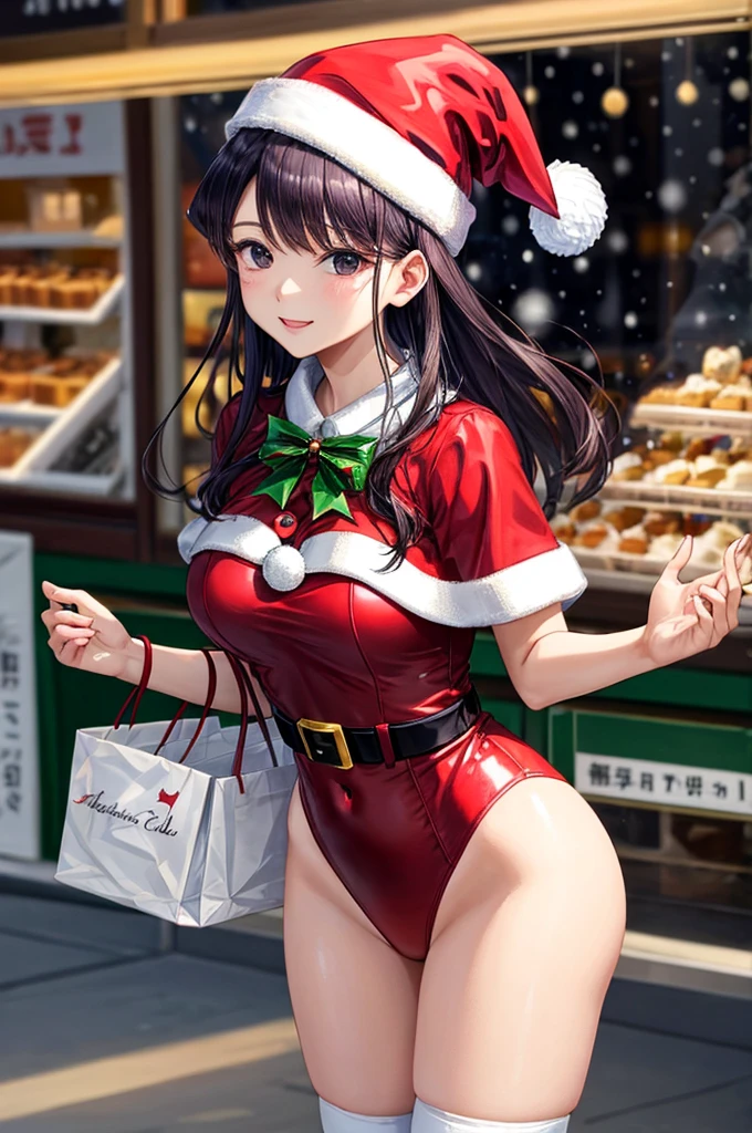 Komi Shouko、top-quality、Full limbs、complete fingers、Slender beauty、straight haired、Purple hair、Beautiful Large Breasts、(Detailed ultra-oily shiny skin:1.1)、oily shiny thighhigh、(Perfect bright red Santa Claus leotard:1.3)、((White High Socks))、Wearing a Santa Claus hat、((Wearing a Santa Manto))、Beautiful、A smile、Winter cityscape、shopping street、It's snowing、white Christmas、Christmas cakes are sold in stores