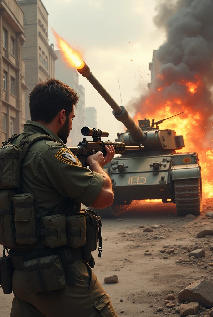 the CD cover contains images boy Indonesian with a gun sniper pose dynamic low view camera, tank,helikopter, nuklir explosion, masterpiece