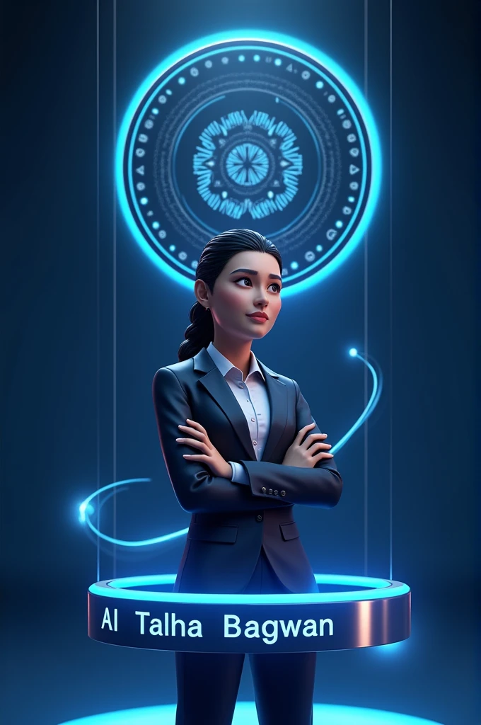 Create a futuristic realistic 3D illustration of a content writer, the logo forms a circle, below it is a ribbon with the name "Ai Talha bagwan" on dark blue background