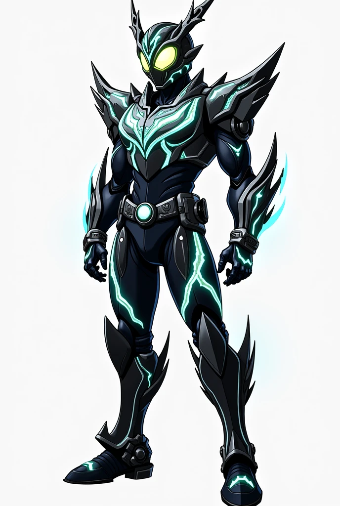 A futuristic Kamen Rider suit powered by atmospheric electricity. The suit features a sleek, aerodynamic design with sharp angles and lightning bolt patterns. The helmet has a visor that can change color and a pair of pointed horns. The chestplate has a central energy core surrounded by a network of glowing circuits. The arms and legs are segmented and equipped with energy blades. The boots have built-in thrusters for enhanced mobility.