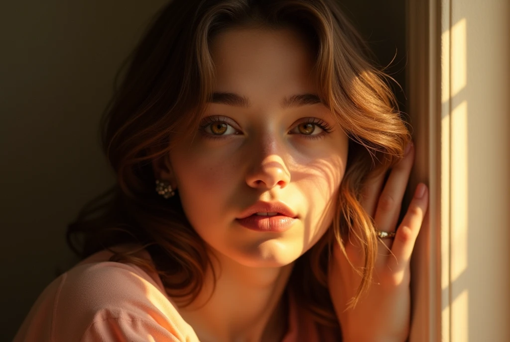 a realistic and emotive portrait of a young woman with soft, wavy brown hair that frames her face delicately. The lighting is warm and golden, casting a gentle glow on her skin and highlighting her striking amber eyes. Her expression is tender and introspective, with slightly parted lips and a subtle, almost melancholic gaze that draws the viewer in. The composition focuses on her upper body, where she is dressed in a soft, peach-colored blouse, adding to the warm, autumnal atmosphere. The background is blurred, with bokeh effects enhancing the intimate and serene mood of the portrait. The overall style is highly detailed, capturing the fine textures of her skin, the softness of her hair, and the depth in her eyes, creating a sense of connection and emotional depth.