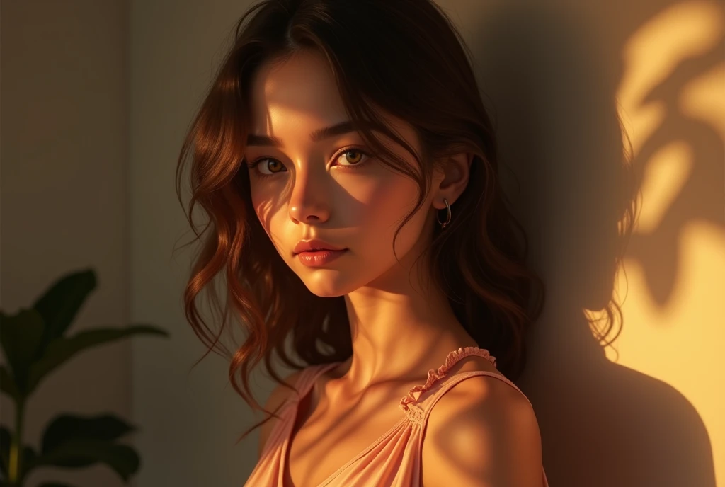 a realistic and emotive portrait of a young woman with soft, wavy brown hair that frames her face delicately. The lighting is warm and golden, casting a gentle glow on her skin and highlighting her striking amber eyes. Her expression is tender and introspective, with slightly parted lips and a subtle, almost melancholic gaze that draws the viewer in. The composition focuses on her upper body, where she is dressed in a soft, peach-colored blouse, adding to the warm, autumnal atmosphere. The background is blurred, with bokeh effects enhancing the intimate and serene mood of the portrait. The overall style is highly detailed, capturing the fine textures of her skin, the softness of her hair, and the depth in her eyes, creating a sense of connection and emotional depth.