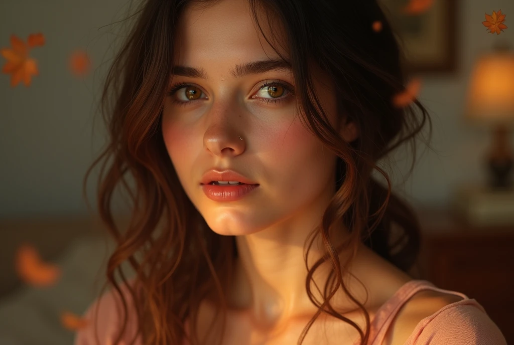 a realistic and emotive portrait of a young woman with soft, wavy brown hair that frames her face delicately. The lighting is warm and golden, casting a gentle glow on her skin and highlighting her striking amber eyes. Her expression is tender and introspective, with slightly parted lips and a subtle, almost melancholic gaze that draws the viewer in. The composition focuses on her upper body, where she is dressed in a soft, peach-colored blouse, adding to the warm, autumnal atmosphere. The background is blurred, with bokeh effects enhancing the intimate and serene mood of the portrait. The overall style is highly detailed, capturing the fine textures of her skin, the softness of her hair, and the depth in her eyes, creating a sense of connection and emotional depth.