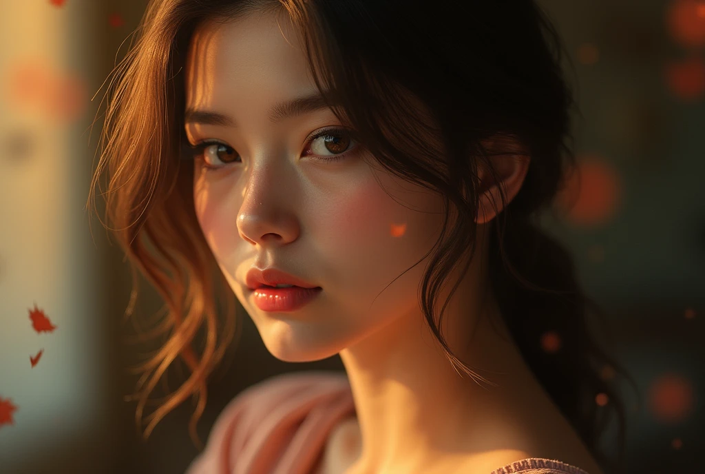 a realistic and emotive portrait of a young woman with soft, wavy brown hair that frames her face delicately. The lighting is warm and golden, casting a gentle glow on her skin and highlighting her striking amber eyes. Her expression is tender and introspective, with slightly parted lips and a subtle, almost melancholic gaze that draws the viewer in. The composition focuses on her upper body, where she is dressed in a soft, peach-colored blouse, adding to the warm, autumnal atmosphere. The background is blurred, with bokeh effects enhancing the intimate and serene mood of the portrait. The overall style is highly detailed, capturing the fine textures of her skin, the softness of her hair, and the depth in her eyes, creating a sense of connection and emotional depth.