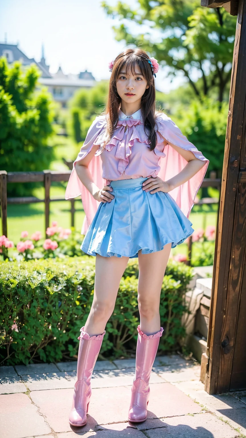 (8k、RAW Photos、Highest quality、masterpiece:1.2)、(Realistic、Realistic)、1 person、((Light blue and pink、garden、Frills、Cape、mini skirt、Thin legs、whole body、boots、View from the front、Looking into the camera、Stand with hands on hips))、cute