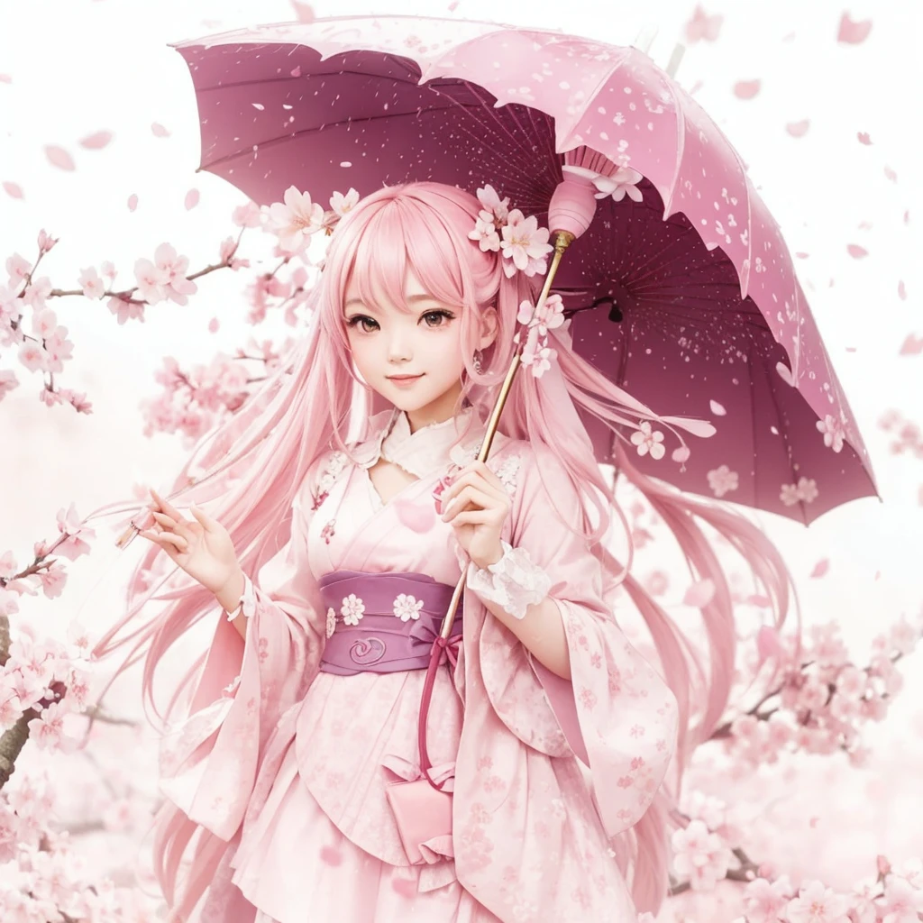 Pink cherry blossoms in the rain。Beautiful maiden。Holding a cherry blossom parasol