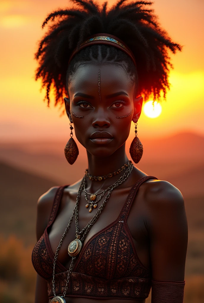 superbe princesse africaine, style afrofuturisme, princesse africaine, princesse africaine noire, afrofuturisme, reine africaine, superbe portrait, photographie de portrait artistique 8k, afrofuturiste, photographie anthropologique, afrofuturiste, adolescente himba futuriste, beau portrait, belle femme himba futuriste, maquillage tribal, yeux féroces, l'arrière-plan est le coucher de soleil au sommet d'une colline


