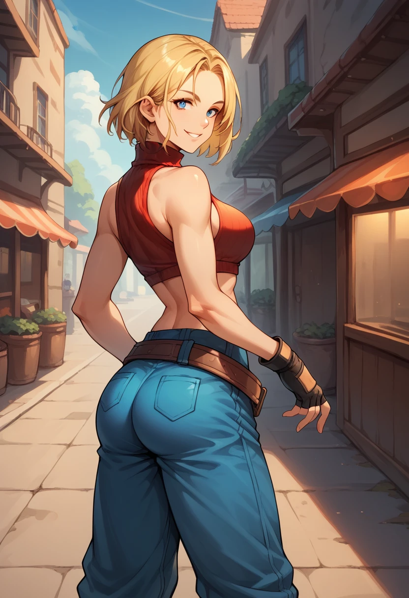 score_9, score_8_up, score_7_up, BREAK, score_9, bmarydg, blonde hair, smile, sleeveless turtleneck, sleeveless, baggy pants, loose belt, crop top, blue_Pants, fingerless gloves, blue eyes, looking at viewer, cowboy shot, ass, from behind, street