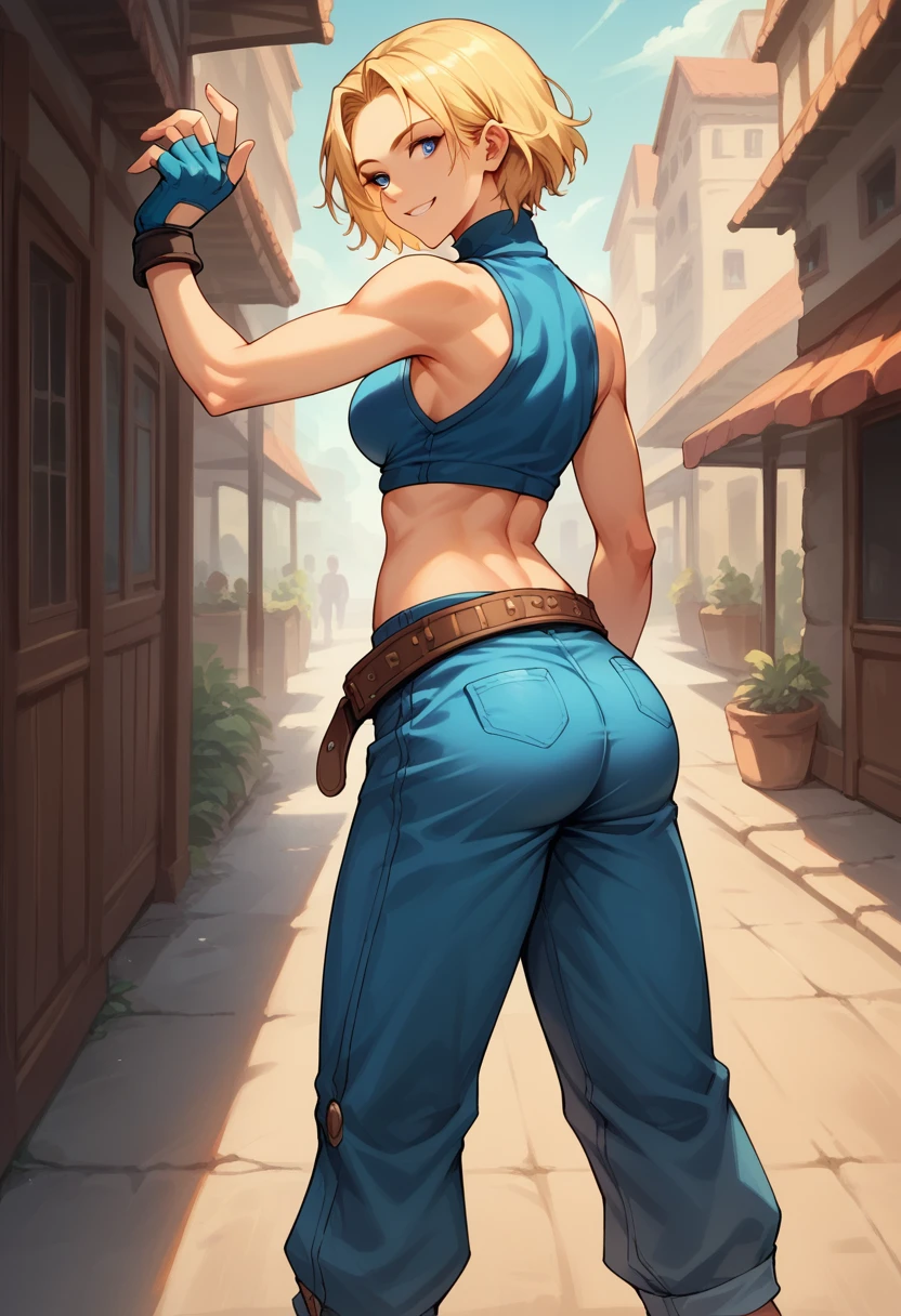 score_9, score_8_up, score_7_up, BREAK, score_9, bmarydg, blonde hair, smile, sleeveless turtleneck, sleeveless, baggy pants, loose belt, crop top, blue_Pants, fingerless gloves, blue eyes, looking at viewer, cowboy shot, ass, from behind, street