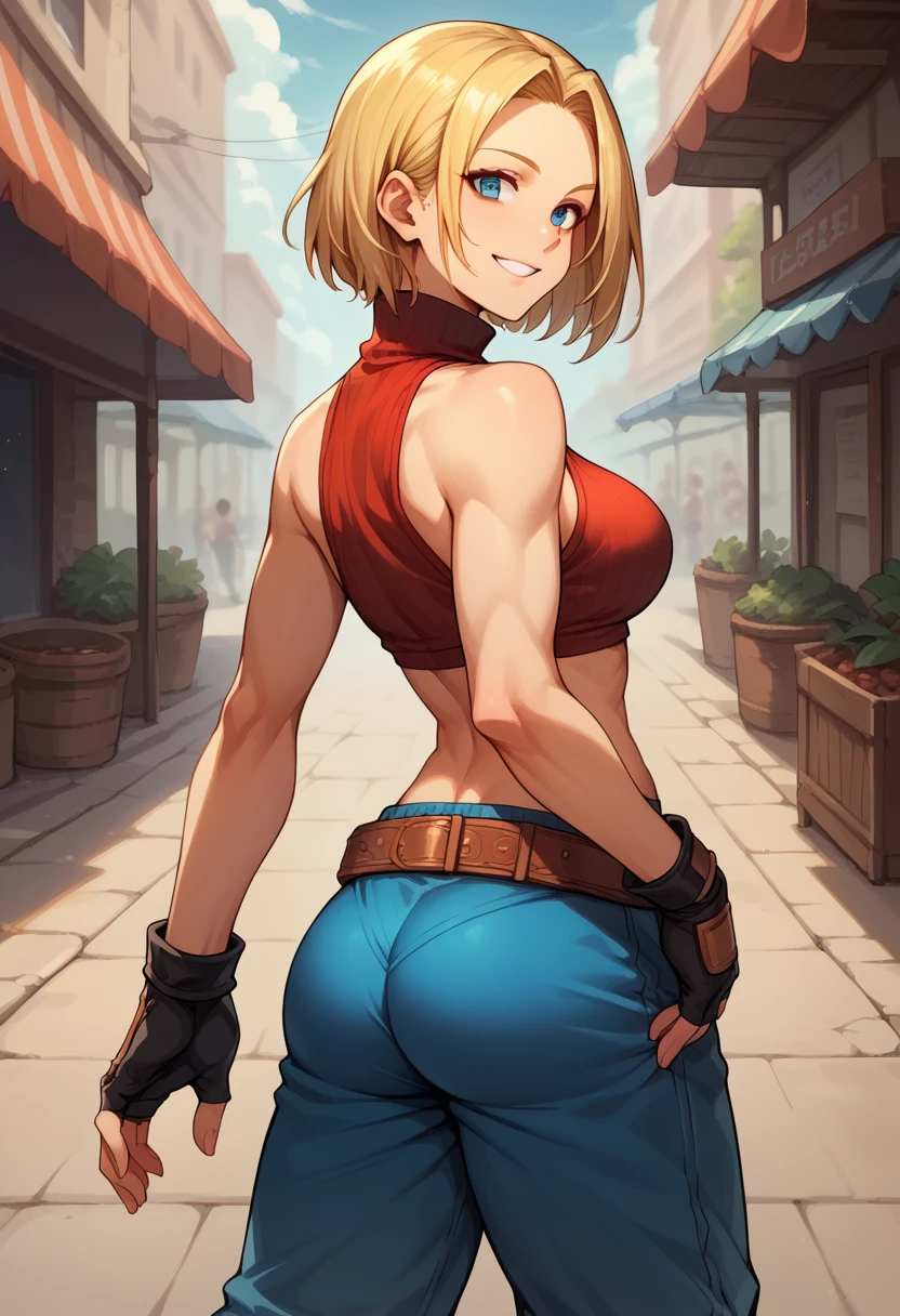 score_9, score_8_up, score_7_up, BREAK, score_9, bmarydg, blonde hair, smile, sleeveless turtleneck, sleeveless, baggy pants, loose belt, crop top, blue_Pants, fingerless gloves, blue eyes, looking at viewer, cowboy shot, ass, from behind, street