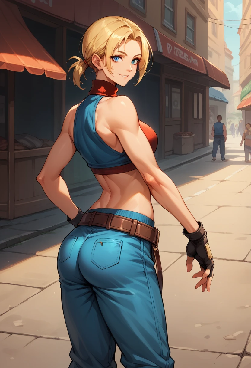 score_9, score_8_up, score_7_up, BREAK, score_9, bmarydg, blonde hair, smile, sleeveless turtleneck, sleeveless, baggy pants, loose belt, crop top, blue_Pants, fingerless gloves, blue eyes, looking at viewer, cowboy shot, ass, from behind, street