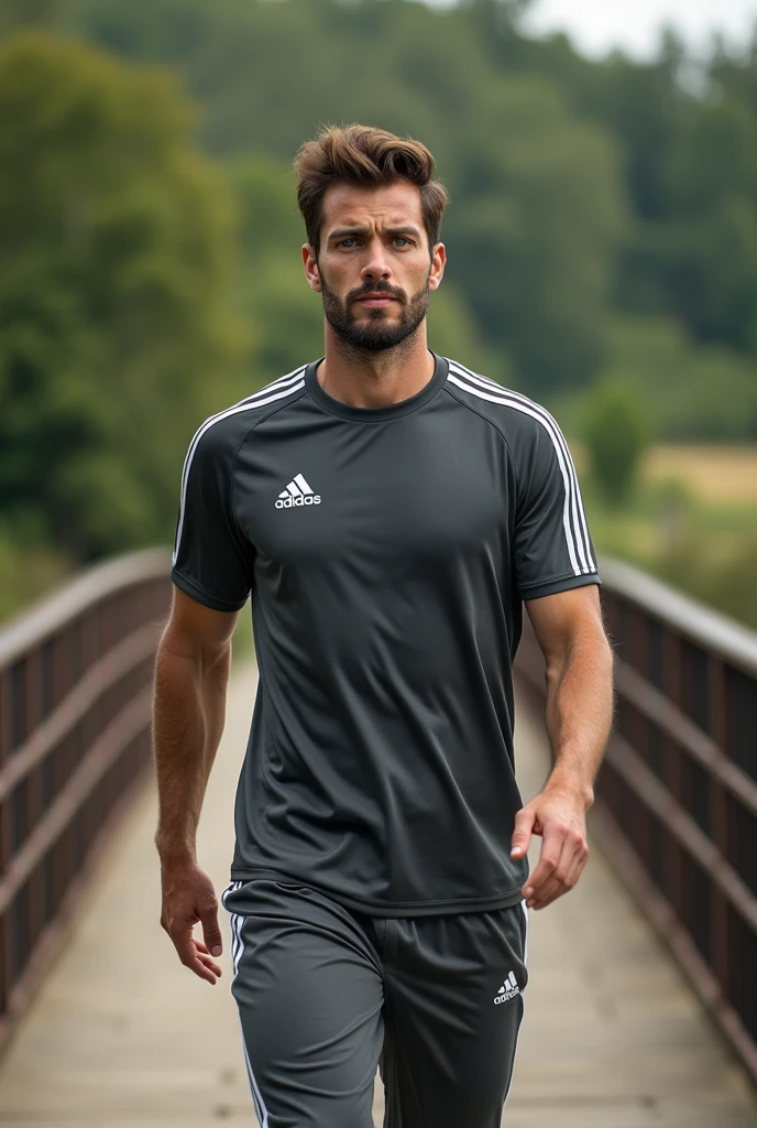 Create a realistic photo, typical Spanish man with a beard and mustache, very handsome man with a charming and deep look, green eyes, brown hair, ((full body)) hyper realistic photos, dressed in sports outfit of the brand: (Addidas), jogging, on a bridge, background image: a bridge in the countryside, head to toe, full body, hyper realistic photo