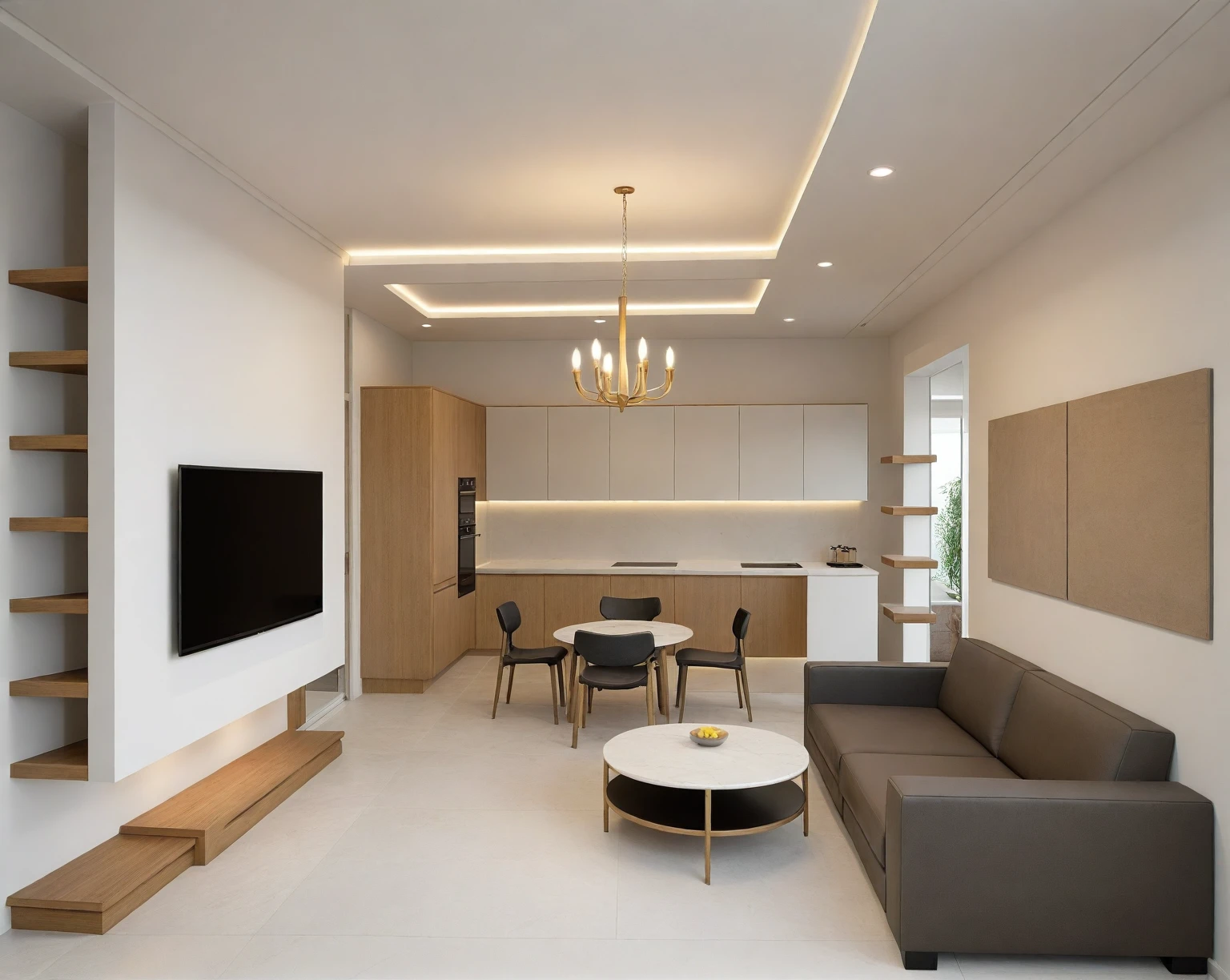 ((masterpiece,best quality,highres,sharp forcus)) (((detail forcus))) , ( living room and  dining :1.3 ), modern style, daylight, ((WHITE wall : 1.3 )) plaster ceiling, bright, oak , daylight , NEUTARAL tone , bright color, pendant light, marble tile floor, PENDANT LIGHT, 