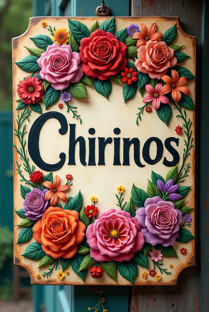 Sign that says Chirinos family decorated with flowers