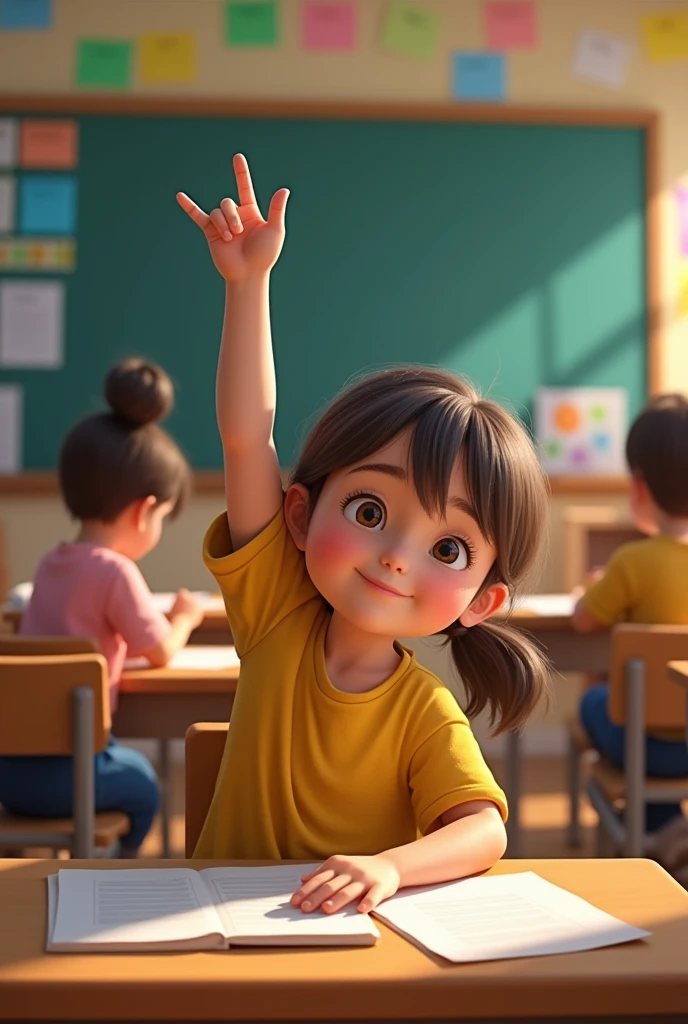 In Class**: Emma is sitting at a desk in a classroom, raising her hand to answer a question. The classroom has colorful decorations, a chalkboard, and other students focused on their work.