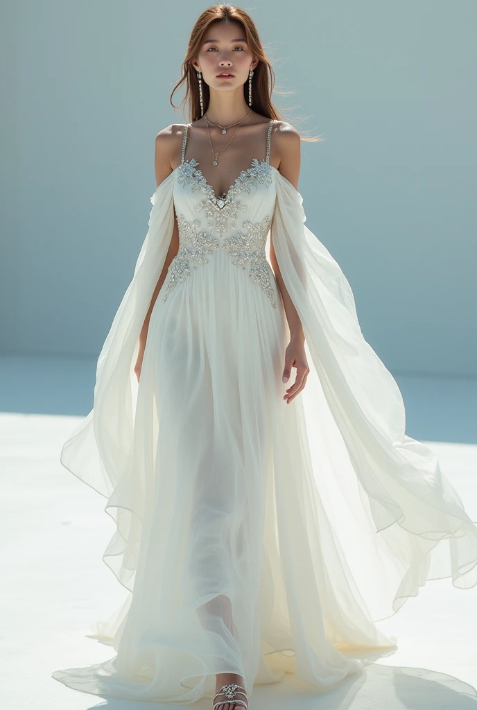 A long dress with an asymmetrical cut, offering a sense of freedom and effortless movement. The fabric is light and flowing, such as silk or chiffon. The off-the-shoulder neckline adds a touch of softness while maintaining confidence, beautifully highlighting the neck and shoulders. The skirt is designed in layers that flow gracefully, creating movement that harmonizes with the wind. The dress is crafted in pristine white, signifying lightness and elegance, conveying a sense of freedom and tranquility. Silver thread embroidery, depicting delicate wind currents, adorns the hemline or waist, adding a touch of luxury and uniqueness to the ensemble. Complete the look with long, swinging earrings adorned with white gemstones for added beauty. A necklace with a wind-shaped pendant or clear gemstones that complement the dress emphasizes understated elegance. High-heeled shoes with transparent or silver designs that match the dress enhance the feeling of lightness and sophistication. A white shawl made of chiffon or sheer silk adds an air of elegance, providing a soft and comfortable touch, perfect for formal occasions.
