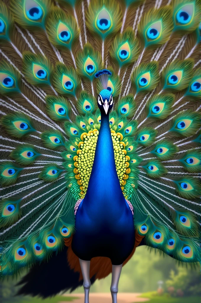 A double-page spread illustration of Peacock strutting forward, his
tail feathers fanned out in a dazzling display of colour and beauty.