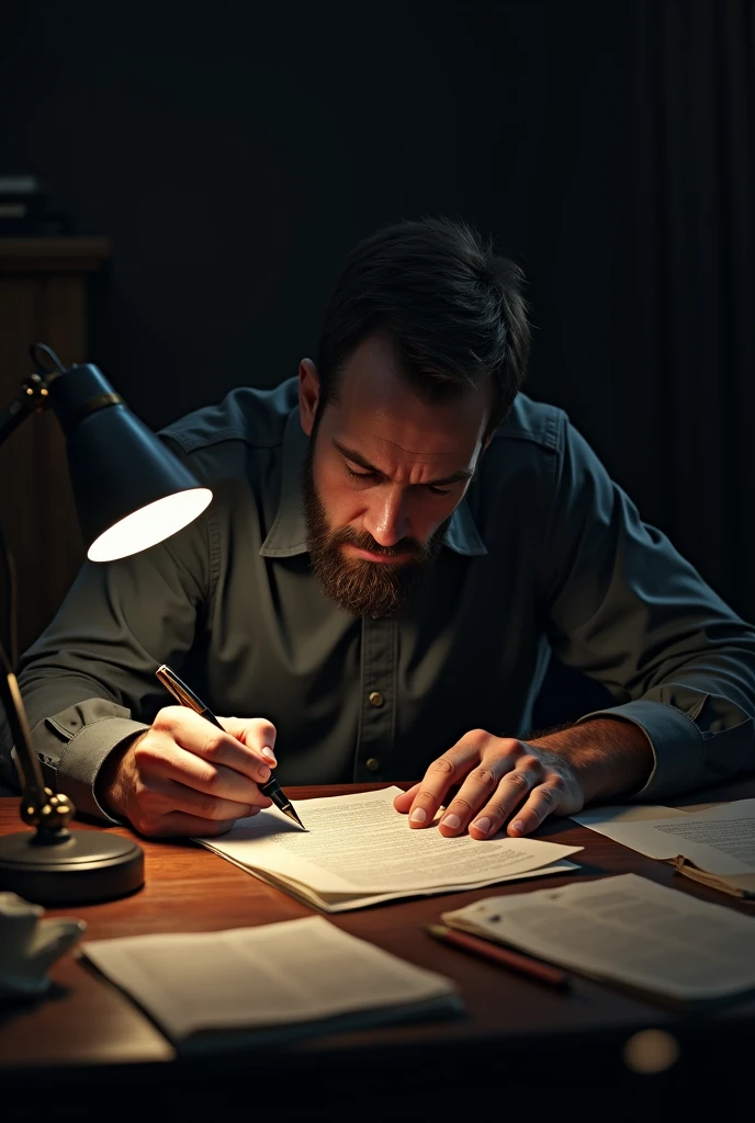 A man sitting and writting with a stressing face


