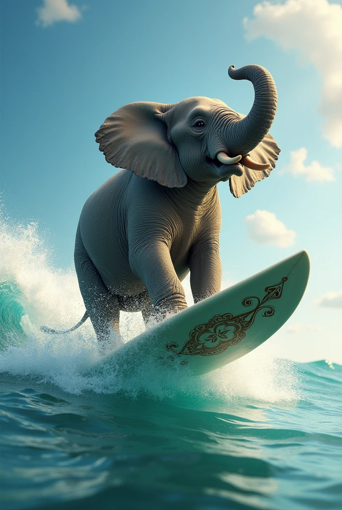A cute anthropomorphic elephant balancing on a surfboard in the sea,Happy surfing。The surrounding scenery is blue water and clear sky,Pleasant,Let the elephants ride the rough waves expertly,Enjoy an adventurous call。