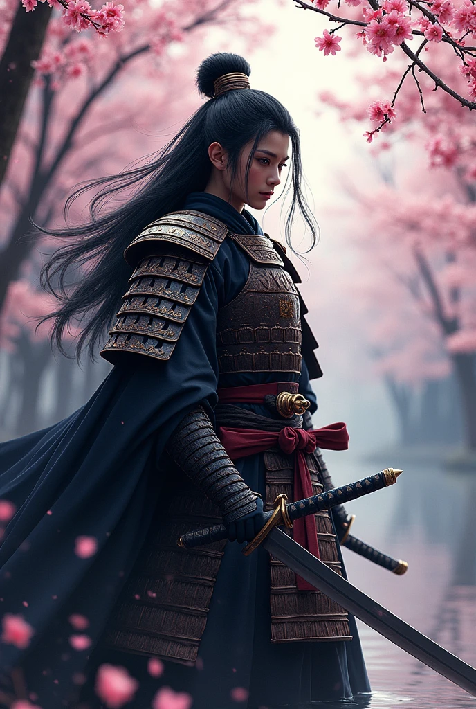 Create a male samurai with long black hair and glowing eyes in a sakura forest setting with a lake