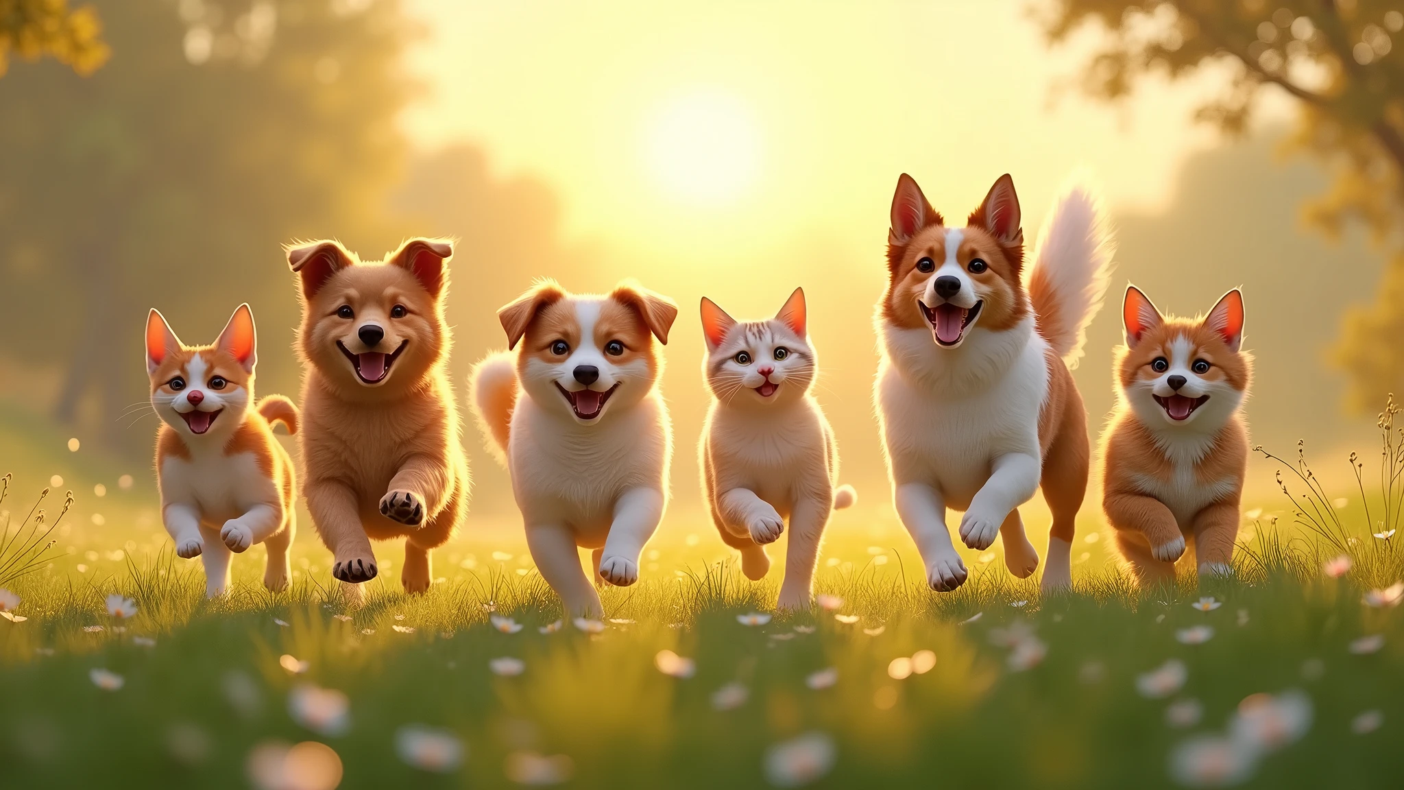 The early morning scene unfolds with the warm glow of the sunrise casting a golden hue over the peaceful meadow. Playful dogs and agile cats can be seen darting through the dew-covered grass, their joyous barks and gentle meows harmonizing in the serene air. The happy companions enjoy their carefree romp, tails wagging and fur glistening in the soft morning light. The scene is a heartwarming display of camaraderie and pure, unbridled happiness as the cats and dogs play together, creating a charming tableau of morning bliss.