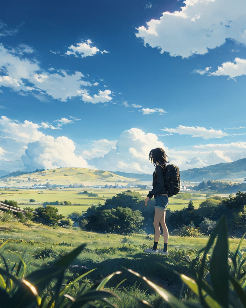 vast sky, beautiful skyline, wide grassland, A very tense and dramatic photo, moving visual effects, Polaris in extreme difficulty, colorful natural light and. long sleeve tops, denim shorts, and a girl with a backpack.