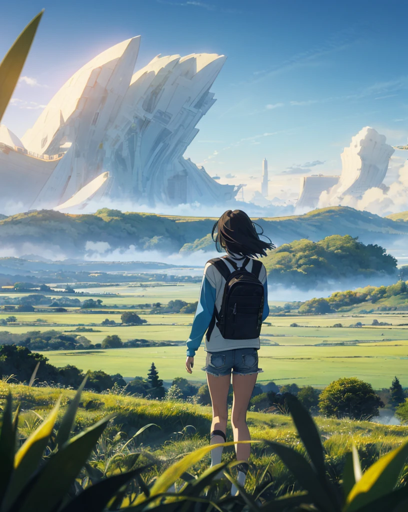 vast sky, beautiful skyline, wide grassland, A very tense and dramatic photo, moving visual effects, Polaris in extreme difficulty, colorful natural light and. long sleeve tops, denim shorts, and a girl with a backpack.