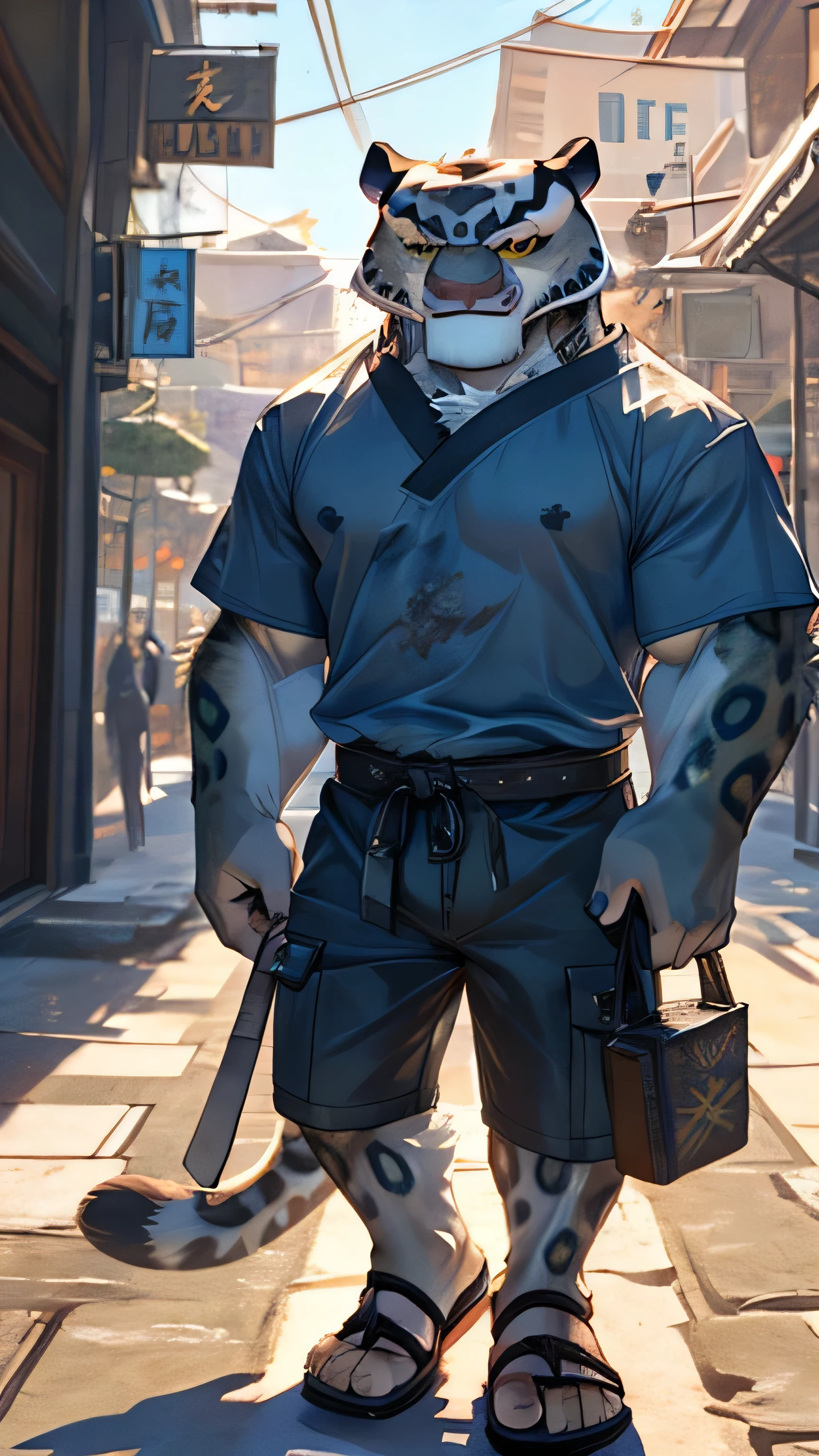 Kung Fu Panda cartoon, furry snow leopard Tai Lung, tall, slender, handsome, extremely beautiful and cute face, perfectly detailed yellow eyes with perfectly detailed black pupils, muscular body, big biceps, gentle look, wears a blue t-shirt, denim cargo shorts, sandals, sexy, hot, gentle smile, selfie, streets background