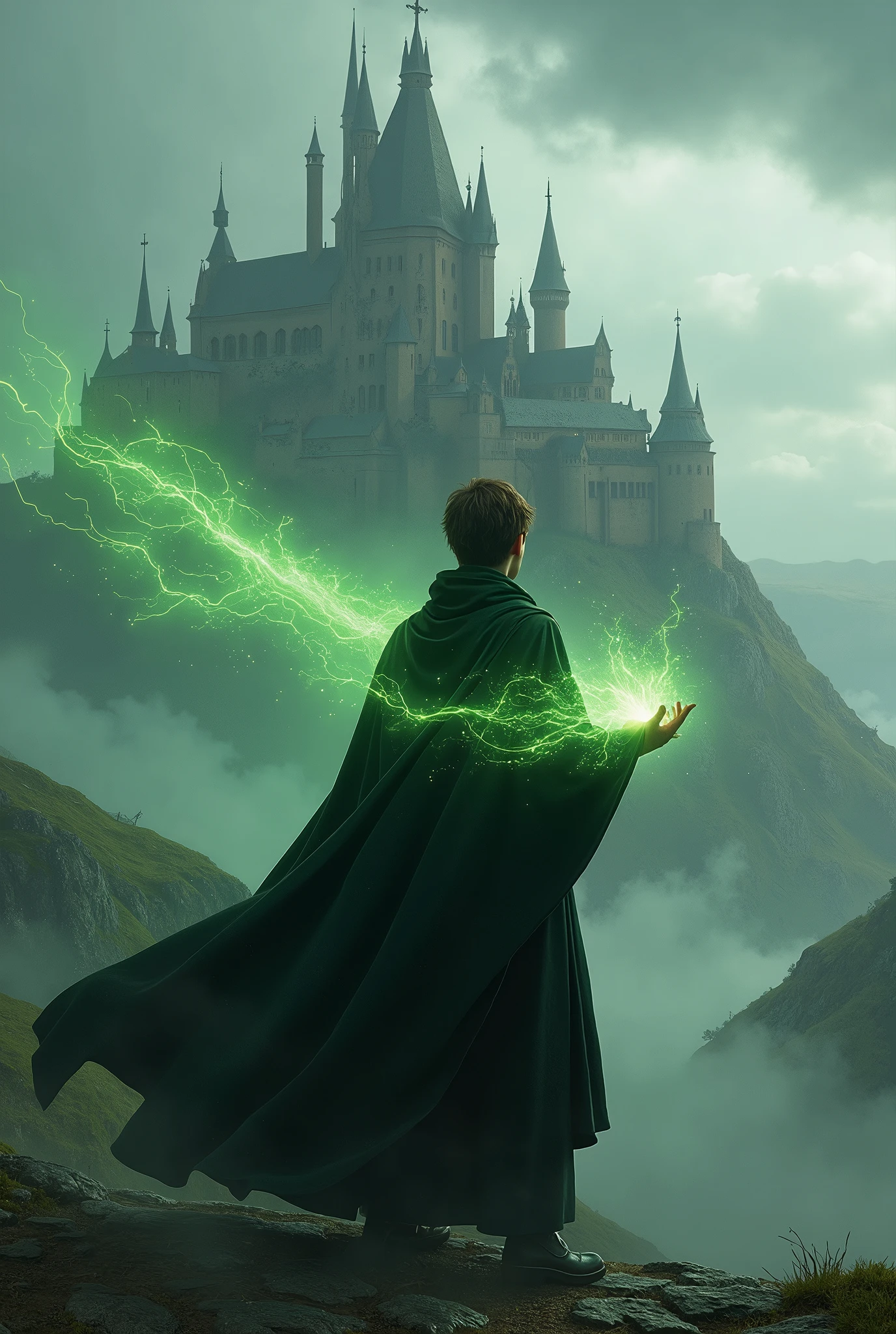 A 23-year-old sorcerer, with short hair, Brown color. He wears a black cape and clothes.. It is located in front of a very large castle., old baroque style, which rests on some hills. He is practicing sorcery, firing a green energy beam from his hand. The weather is cold and very cloudy.