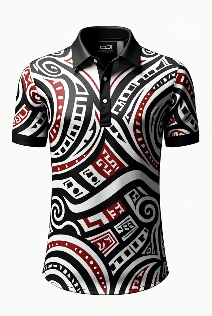 Create collar shirt black collar black red white Maori tribe pattern white background 