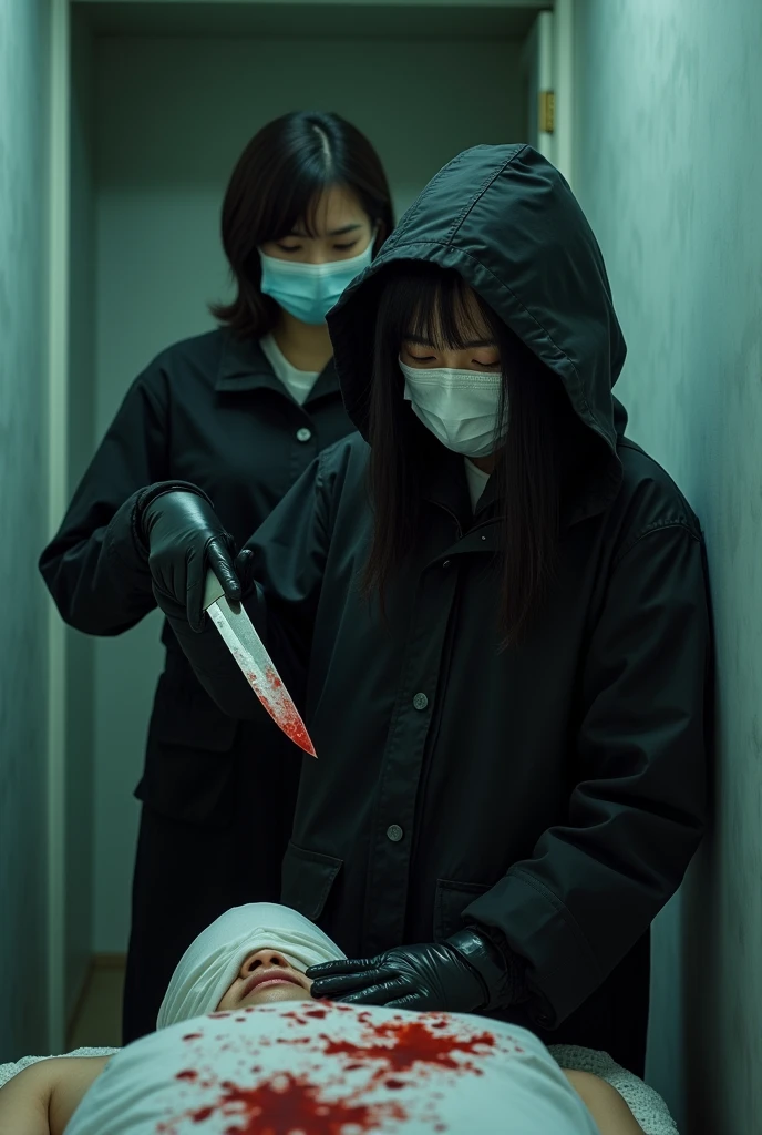 korean girl, (behind stiff, holding knife), surgical mask, black leather gloves, room, black raincoat, hood up, holding knife, leather gloves, woman on top, behind cadaver, looking at viewer, blood splatter, bed room, night, mass murderer, killer, short hair, blood splatter, dark atmosphere, cinematic lighting, atmospheric realistic, neon lighting, tripod and camera in the back, shooting with camera