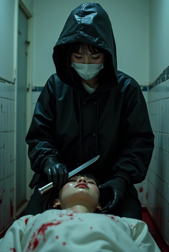 korean girl, (behind stiff, holding knife), stabbing, surgical mask, black leather gloves, bath room, black raincoat, hood up, holding knife, leather gloves, woman on top, behind cadaver, looking at viewer, blood splatter, night, mass murderer, killer, short hair, blood splatter, tripod and camera in the back, shooting with camera