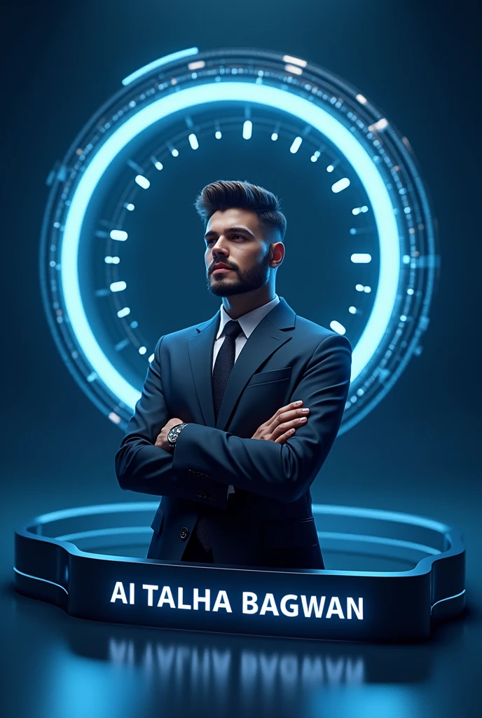 Create a futuristic realistic 3D illustration of a content writer, the logo forms a circle, below it is a ribbon with the name "Ai Talha bagwan" on dark blue background