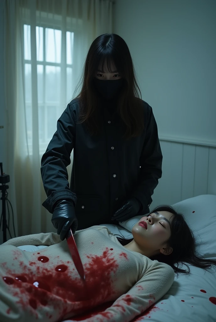 korean girl, (behind stiff, holding knife), stabbing, black balaclava mask, black leather gloves, bed room, black raincoat, girl only, holding knife, leather gloves, woman on top, behind cadaver, looking at viewer, blood splatter, white room, night, by the window mass murderer, killer, blood splatter, tripod and camera in the back, shooting with camera
