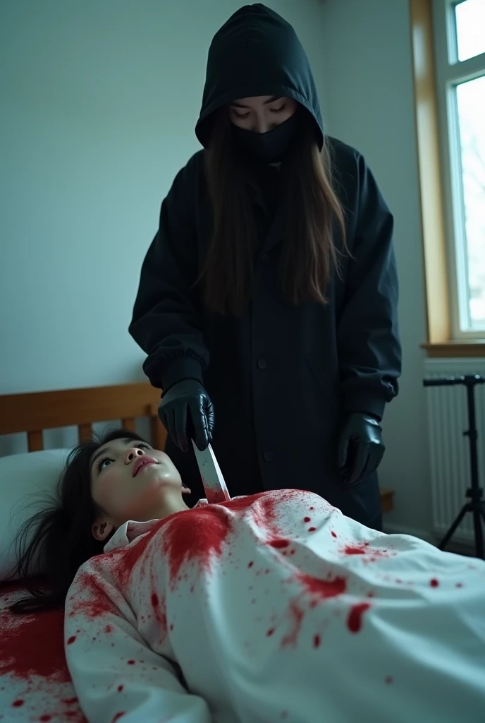korean girl, (behind stiff, holding knife), stabbing, black balaclava mask, black leather gloves, bed room, black raincoat, girl only, holding knife, leather gloves, woman on top, behind cadaver, looking at viewer, blood splatter, white room, night, by the window mass murderer, killer, blood splatter, tripod and camera in the back, shooting with camera
