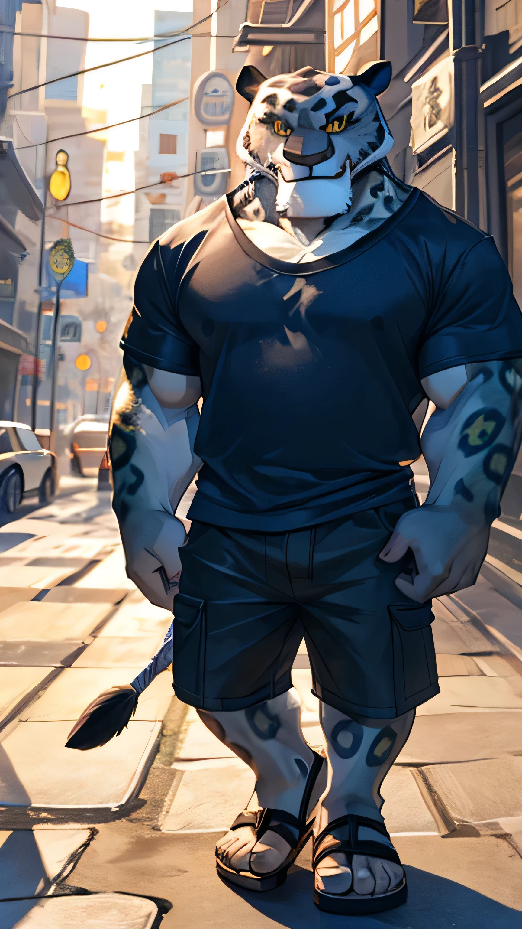 Kung Fu Panda cartoon, furry snow leopard Tai Lung, tall, slender, handsome, extremely beautiful and cute face, perfectly detailed yellow eyes with perfectly detailed black pupils, muscular body, big biceps, gentle look, wears a blue t-shirt, denim cargo shorts, sandals, sexy, hot, gentle smile, selfie, streets background