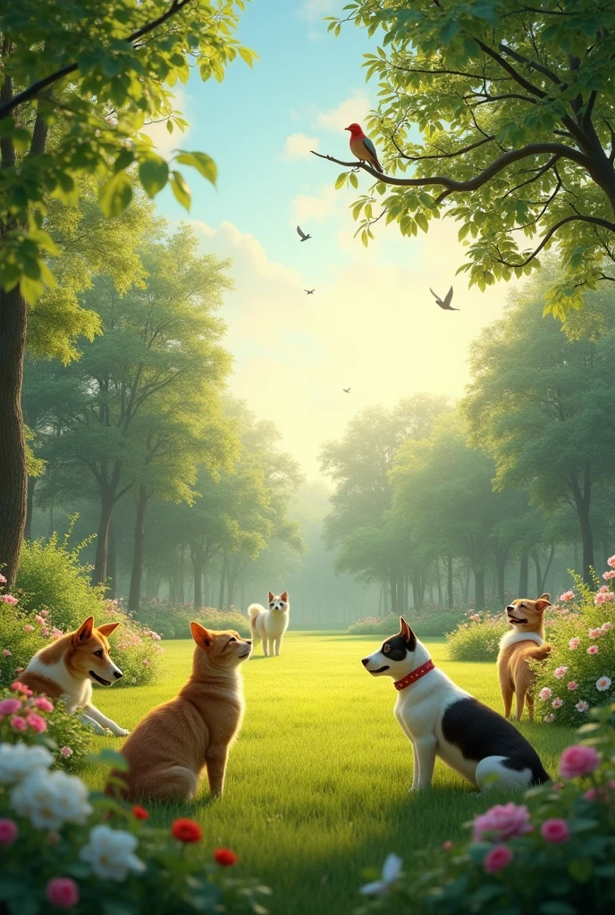 large-scale outdoor scene designed for a 9ft by 6ft wall display at an animal clinic reception. The scene captures a group of (((ultra-realistic))) and (((highly detailed))) cats, dogs, green park during a serene morning. The animals interact naturally—cats basking in the gentle morning sunlight, dogs joyfully playing together, and birds perched gracefully on tree branches. The lighting perfectly captures the soft, golden hues of dawn, with every feature of the animals—eyes, ears, noses, fur, feathers, and limbs—rendered with absolute precision and lifelike accuracy. The background is filled with vibrant flowers, tall trees, and a clear blue sky, creating a peaceful, welcoming atmosphere. The image is sharp, hyper-realistic, and produced in ultra-high-definition quality, ensuring every detail stands out on the large wall display., UHD, masterpiece, accurate, anatomically correct, super detail, high details, high quality, award winning, best quality, highres, 1080P, HD