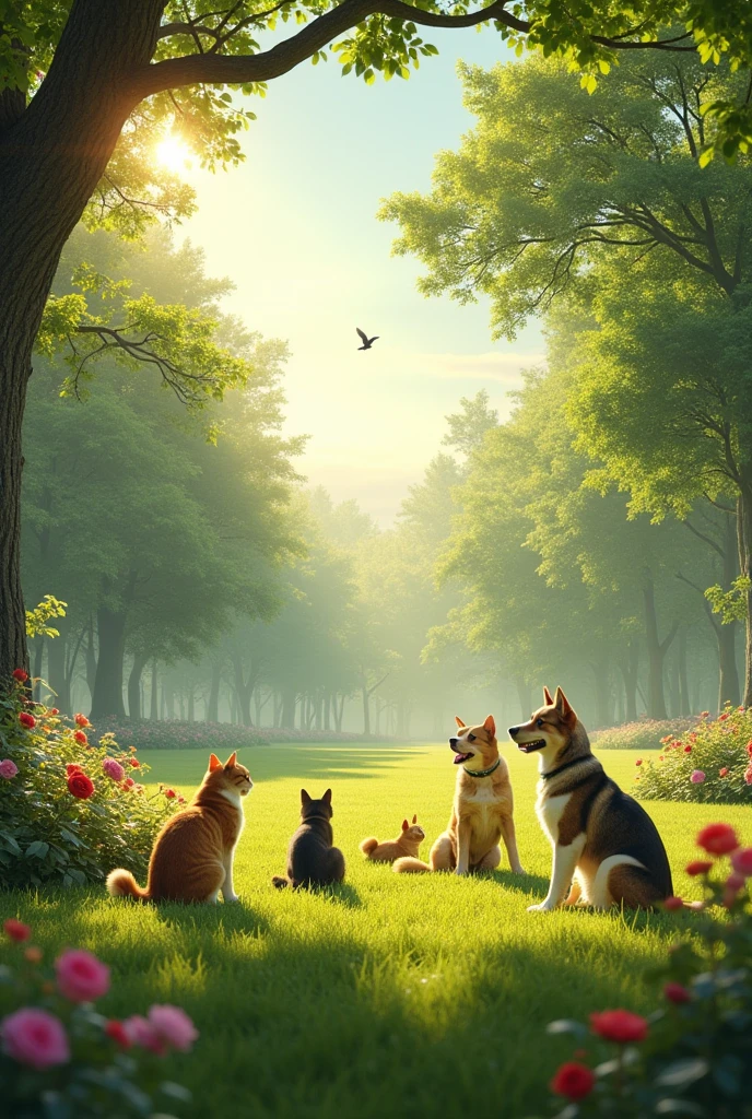 large-scale outdoor scene designed for a 9ft by 6ft wall display at an animal clinic reception. The scene captures a group of (((ultra-realistic))) and (((highly detailed))) cats, dogs, green park during a serene morning. The animals interact naturally—cats basking in the gentle morning sunlight, dogs joyfully playing together, and birds perched gracefully on tree branches. The lighting perfectly captures the soft, golden hues of dawn, with every feature of the animals—eyes, ears, noses, fur, feathers, and limbs—rendered with absolute precision and lifelike accuracy. The background is filled with vibrant flowers, tall trees, and a clear blue sky, creating a peaceful, welcoming atmosphere. The image is sharp, hyper-realistic, and produced in ultra-high-definition quality, ensuring every detail stands out on the large wall display., UHD, masterpiece, accurate, anatomically correct, super detail, high details, high quality, award winning, best quality, highres, 1080P, HD