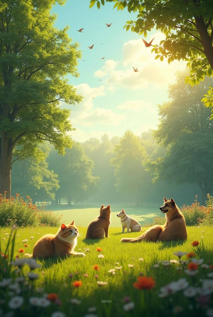 large-scale outdoor scene designed for a 9ft by 6ft wall display at an animal clinic reception. The scene captures a group of (((ultra-realistic))) and (((highly detailed))) cats, dogs, green park during a serene morning. The animals interact naturally—cats basking in the gentle morning sunlight, dogs joyfully playing together, and birds perched gracefully on tree branches. The lighting perfectly captures the soft, golden hues of dawn, with every feature of the animals—eyes, ears, noses, fur, feathers, and limbs—rendered with absolute precision and lifelike accuracy. The background is filled with vibrant flowers, tall trees, and a clear blue sky, creating a peaceful, welcoming atmosphere. The image is sharp, hyper-realistic, and produced in ultra-high-definition quality, ensuring every detail stands out on the large wall display., UHD, masterpiece, accurate, anatomically correct, super detail, high details, high quality, award winning, best quality, highres, 1080P, HD