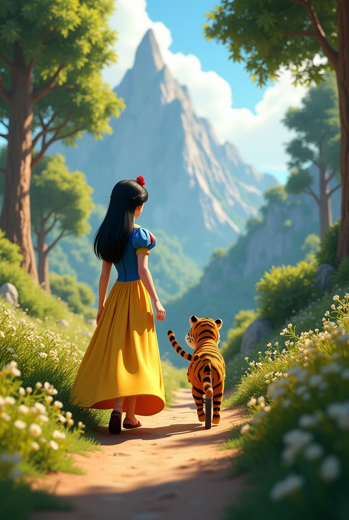 Make a short video of Snow White walking with a tiny tiger. Make a short video of a 7 year old boy riding a mountain bike under a mountain. !