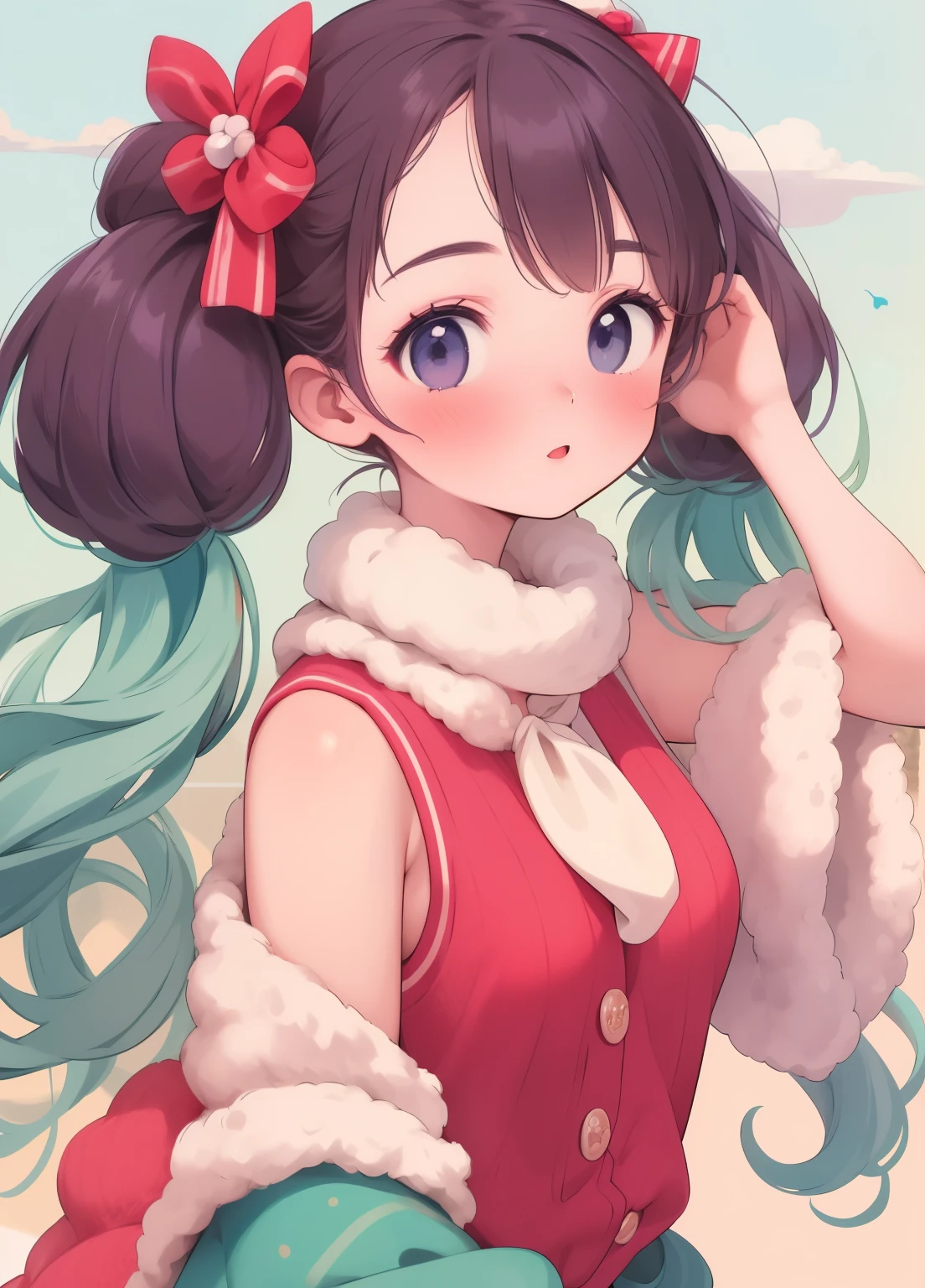 (masterpiece、Highest quality、Highest quality、Official Art、Beautiful and beautiful:1.2)、(One person:1.3)Hatsune Miku、Twin tails,Beautiful breasts, Katsushika Hokusai,Masseter muscle area, Highest quality, Ultra-high resolution, Highest quality, Anime Style, Nadia of the Wonder Sea, Girl with dark skin, Red vest, red waistband, Blue-purple hair, Bobcut, One person, Free pose