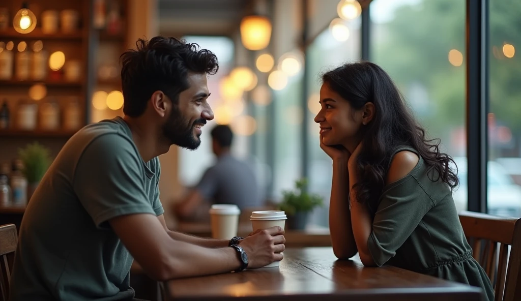 A boy age 27 south India from andhrapradesh wear jeans and t-shirt dusky skin and he came to a coffee shop and there was a girl age 25 north India from mumbai looks very modern she wears western dress looks very beautiful and active both of them were accidentally collided inside a coffee shop with full crowd and outside the weather was cloudy and drizzling